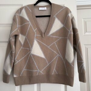 Maison Montagut Cashmere V-Neck Sweater Size S Felixa Geometric Tan Brown